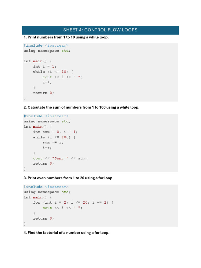 Sheet 4Q Control Flow Loops | PDF | Integer (Computer Science) | Namespace