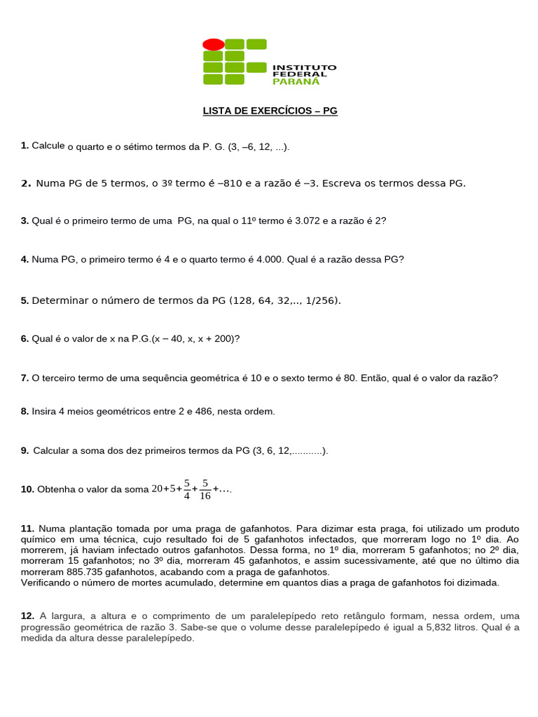 Lista de Exercícios - PG | PDF