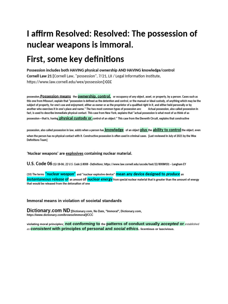EXAMPLE CASE 2026 January/February Aff LD Case (Nuclear Weapons) | PDF ...