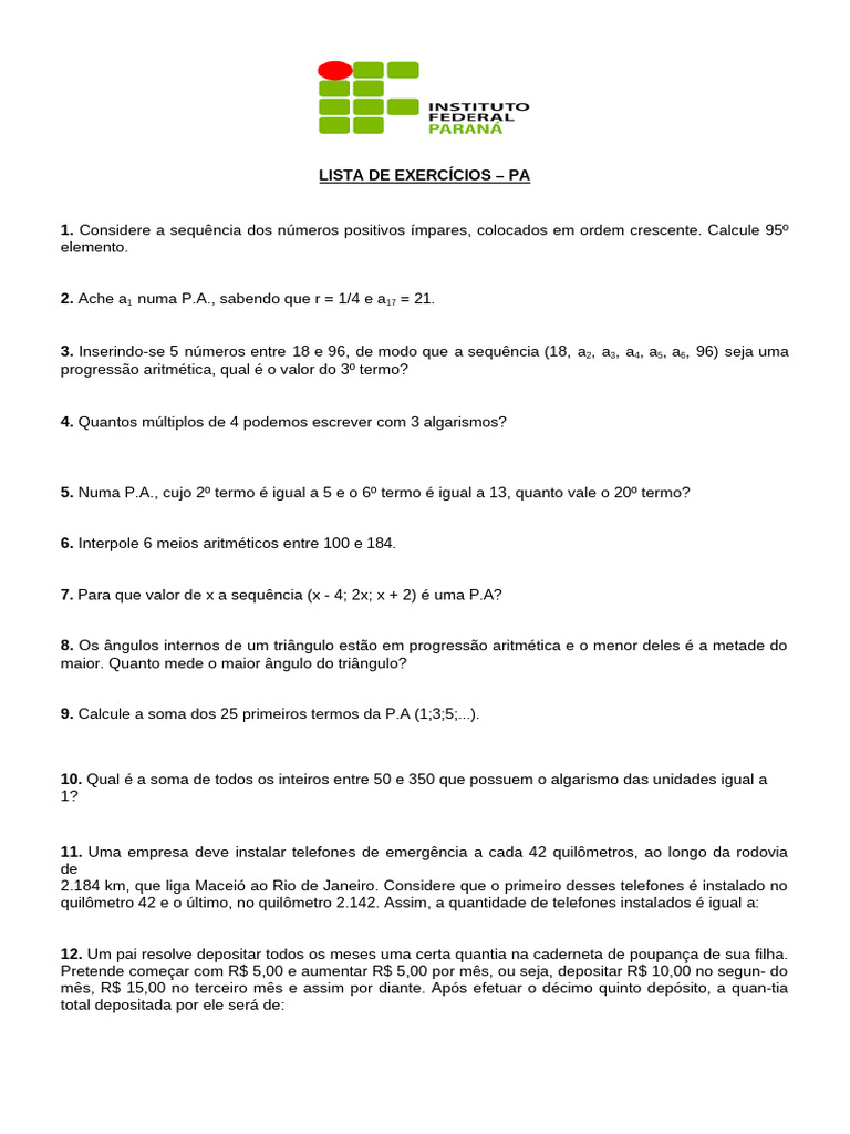 Lista de Exercícios - PA | PDF | Sequência | Maratona