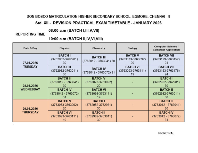 STD 12 First Revision Practical Exam Time Table - Jan 2026 | PDF