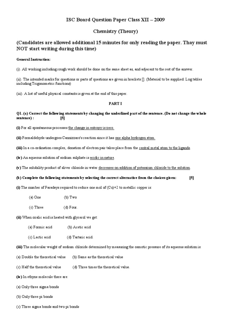 ISC Board Question Paper Class XII 2009 PDF Acid Solution
