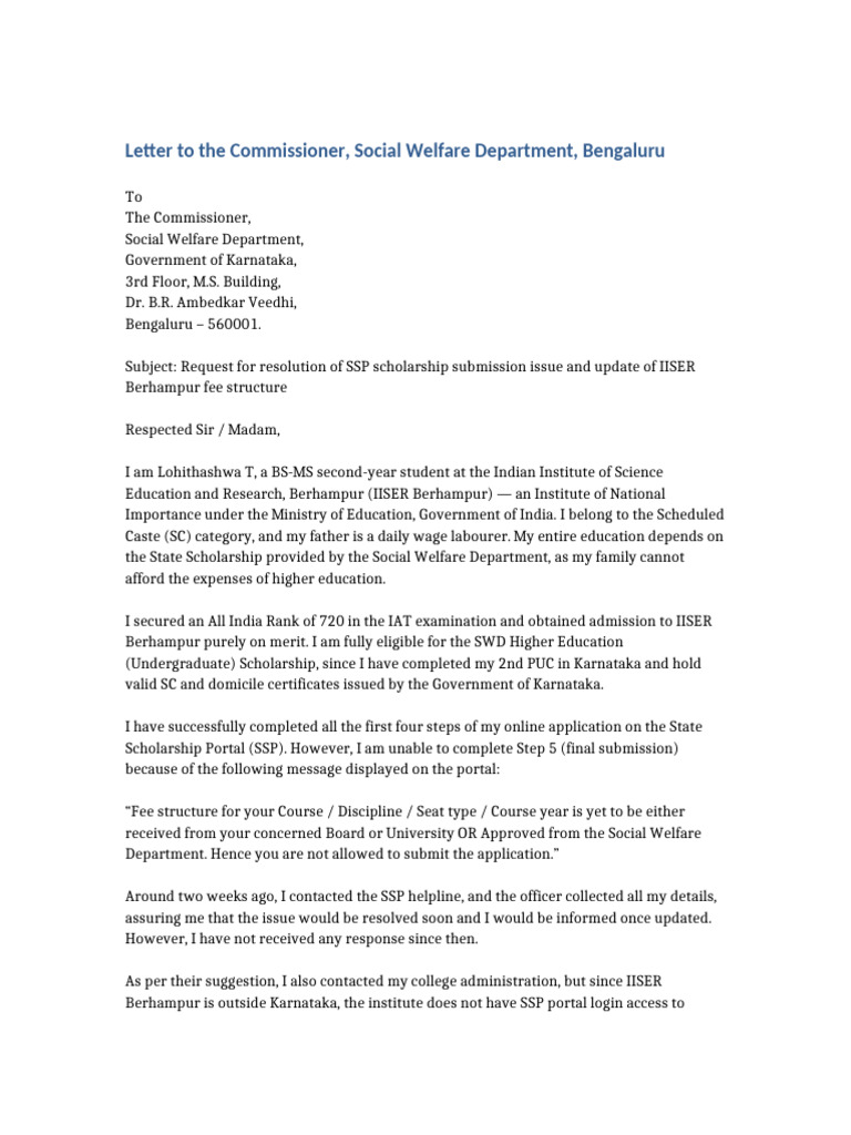 Lohithashwa SWD Letter Bengaluru | PDF