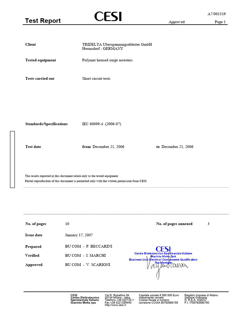 Short Circuit Test CESI A7001319 Bue Test Report | PDF | Physical ...