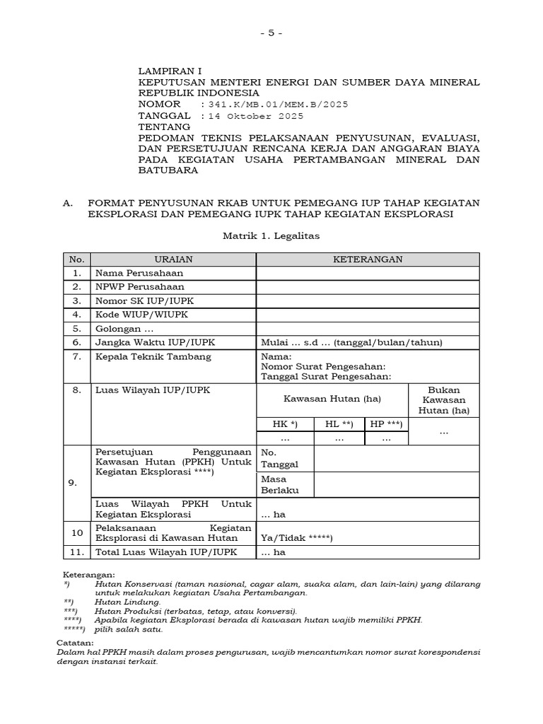 Lampiran IA. Format Penyusunan RKAB Untuk Pemegang Iup Tahap Kegiatan ...