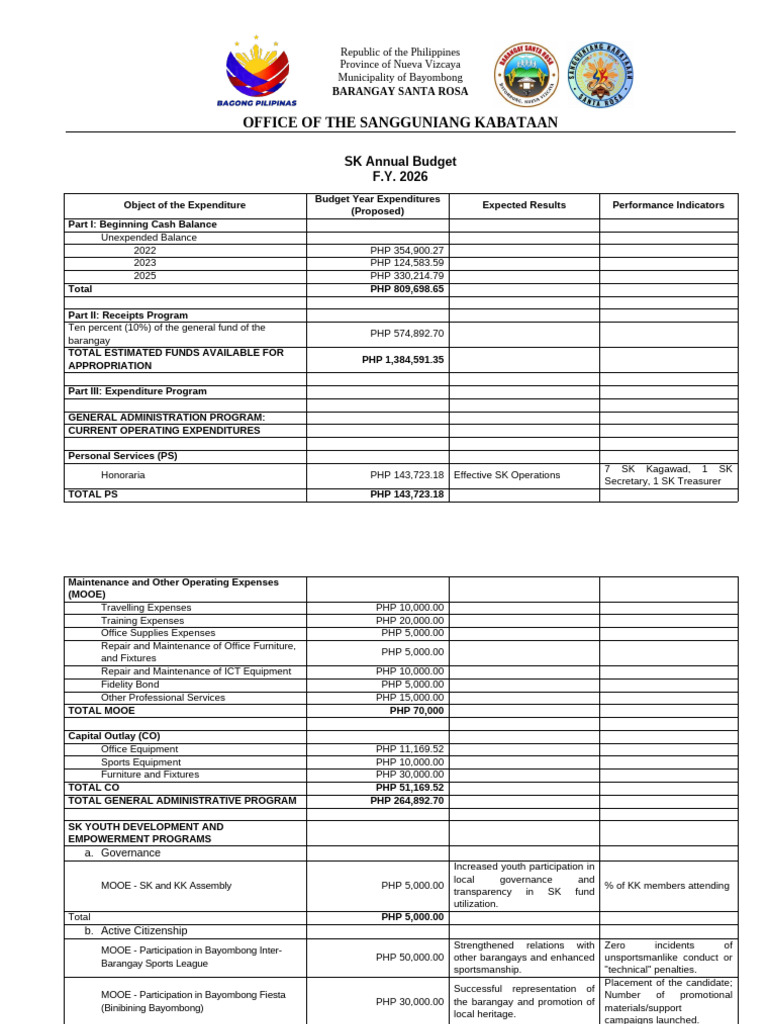 SK Annual Budget Plan F.Y. 2026 | PDF