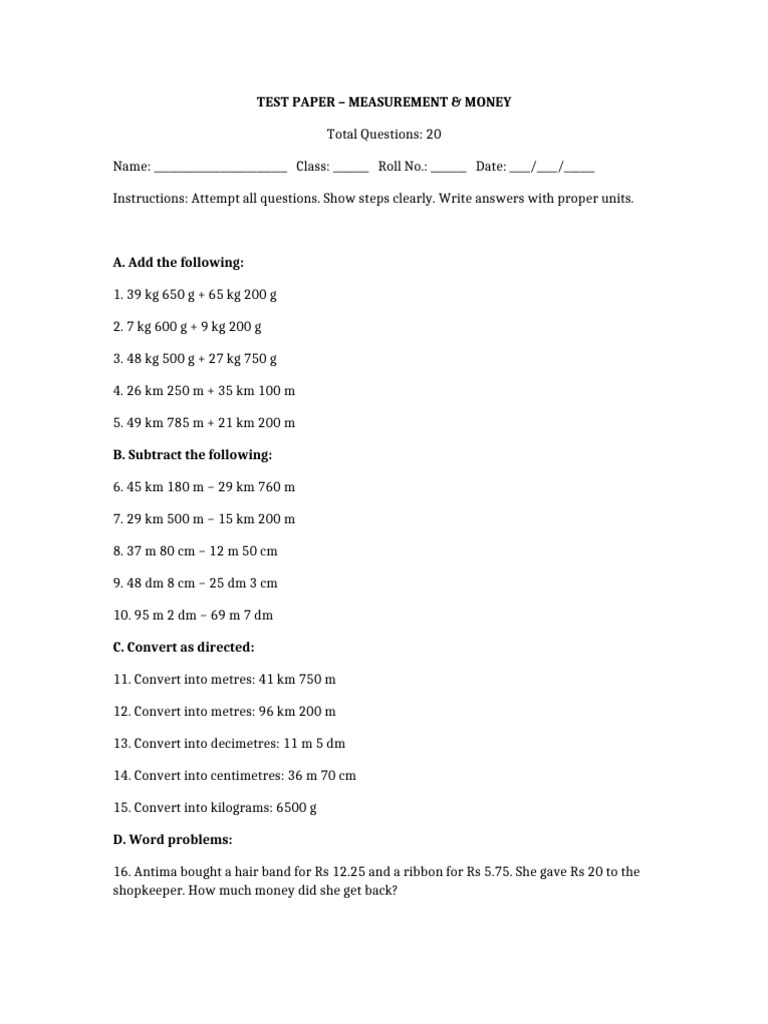 Test Paper Measurement Money 20Q | PDF