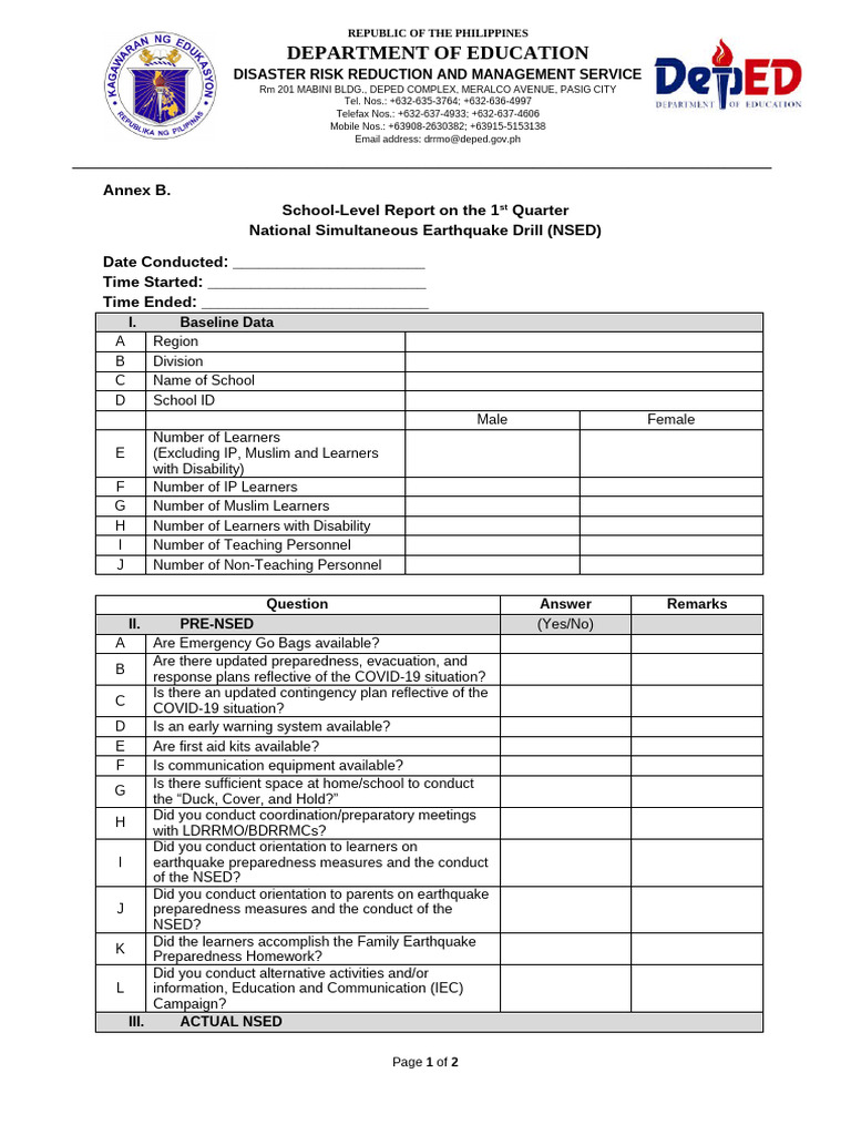 UPDATED Annex B 1QNSED School Reporting Template | PDF | Emergency ...