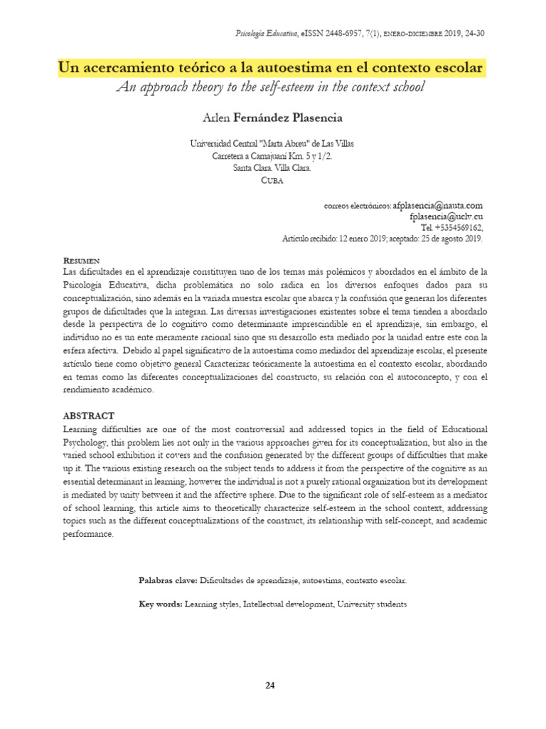 Un Acercamiento Teórico A La Autoestima en El Contexto Escolar | PDF ...