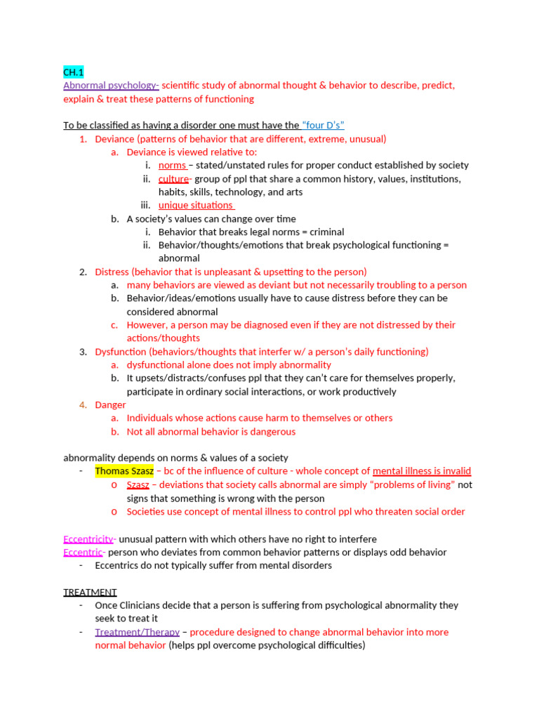 Psychopathology Notes - Test #1 | PDF | Psychotherapy | Neuron