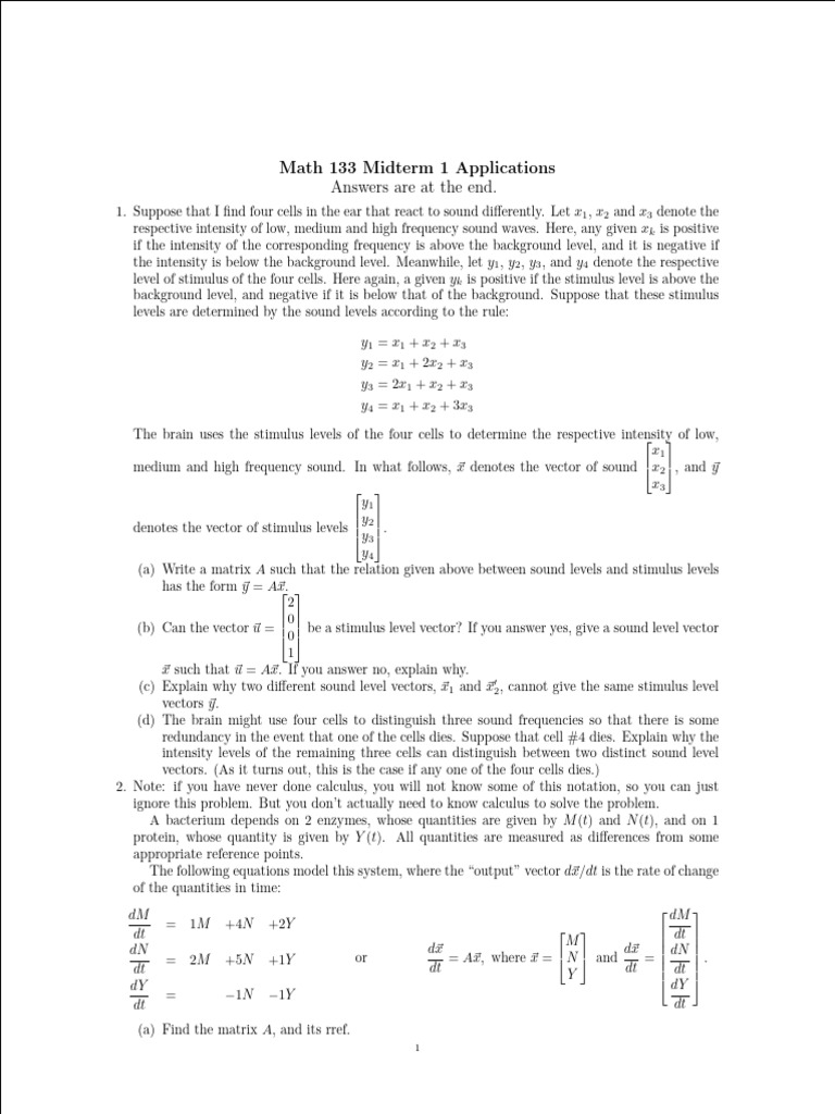 Math 133 Midterm 1 Application Questions | PDF | Matrix (Mathematics ...
