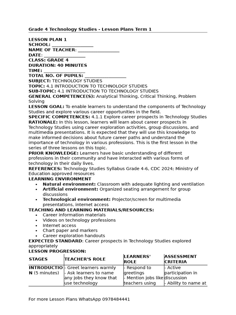 Grade 4 Technology Studies - Lesson Plans Term 1 - 072601 | PDF ...
