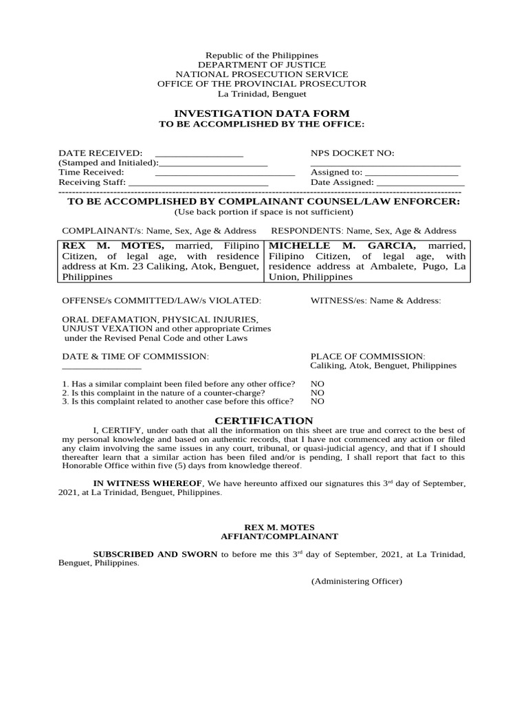 Investigation Data Form | PDF | Justice | Crime & Violence