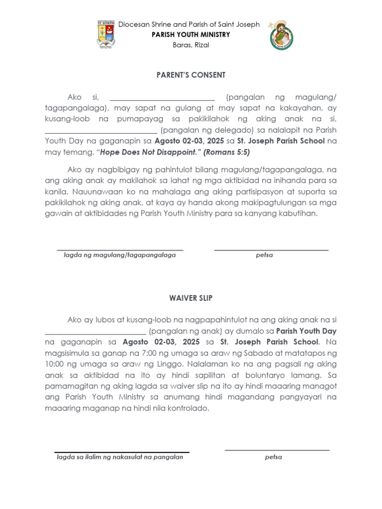 Parents Consent and Waiver Slip PYD 2025 | PDF