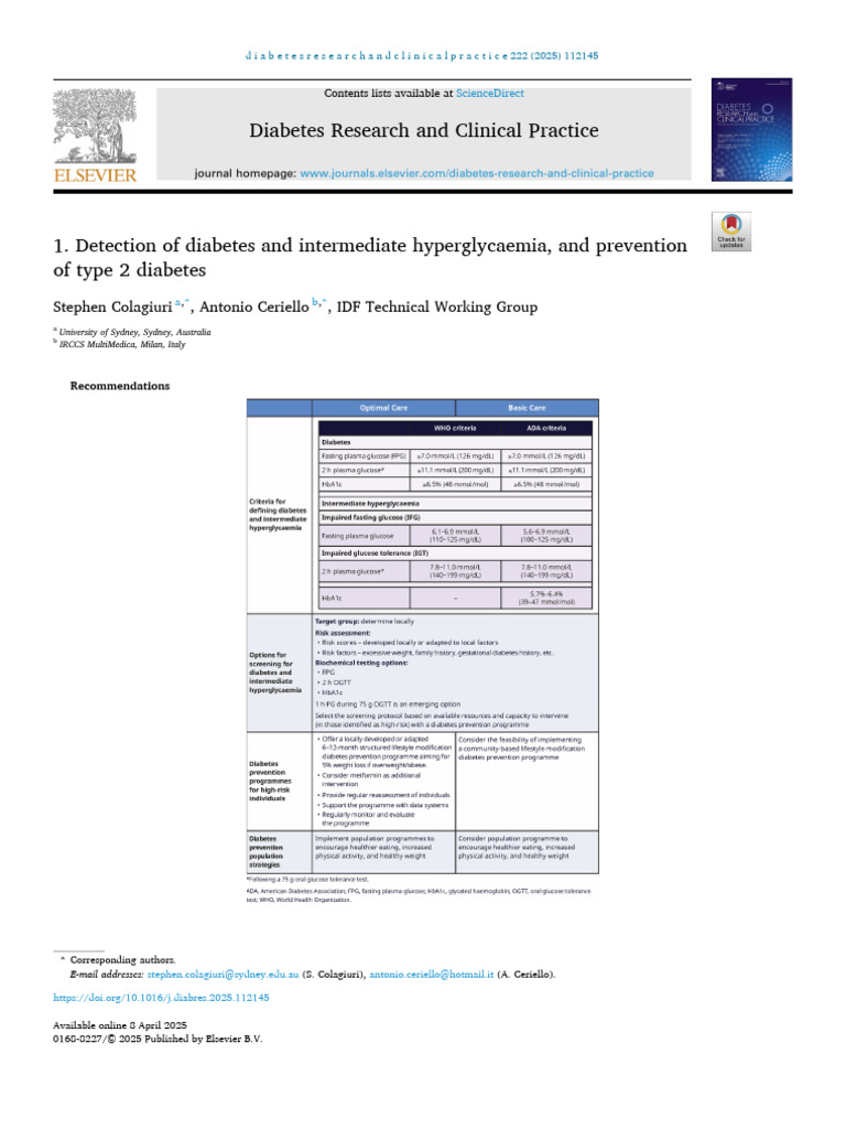 Detection of Diabetes and Intermediate Hyperglycaemia, and Prevention ...