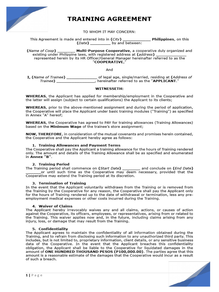 Training Agreement - Contract | PDF | Indemnity | Cooperative