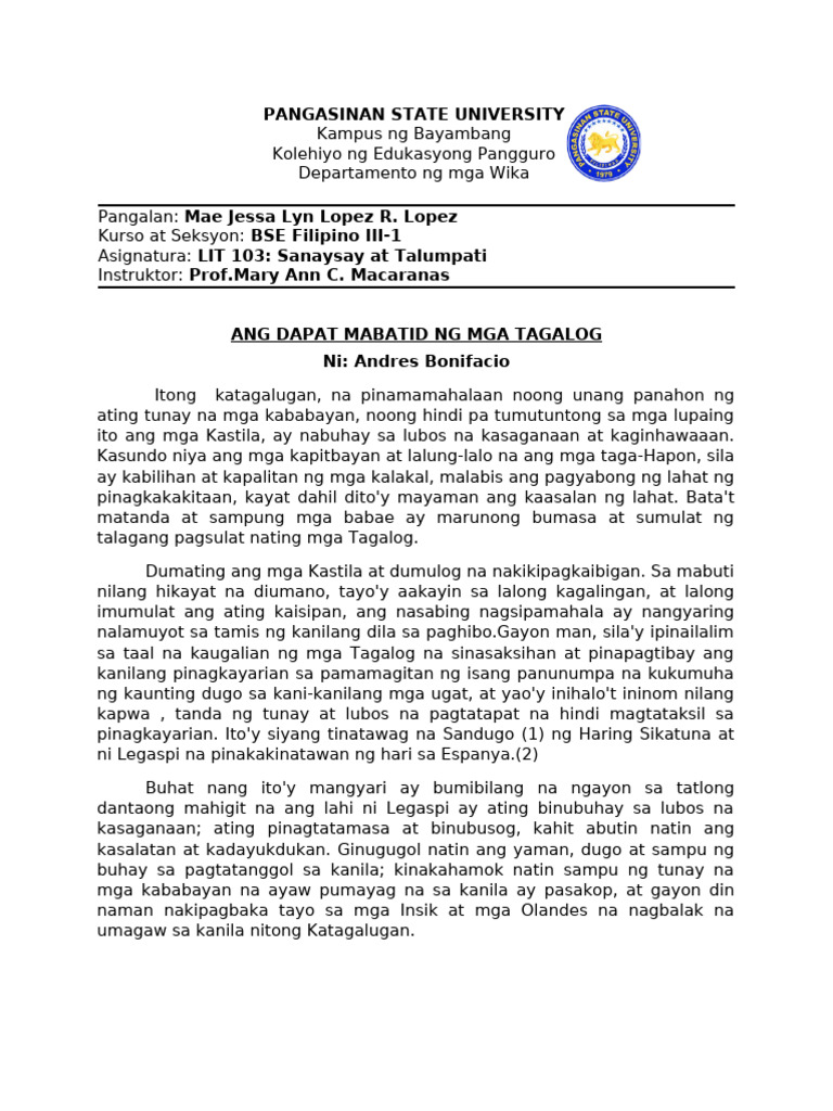 Ang Dapat Mabatid NG Mga Tagalog | PDF