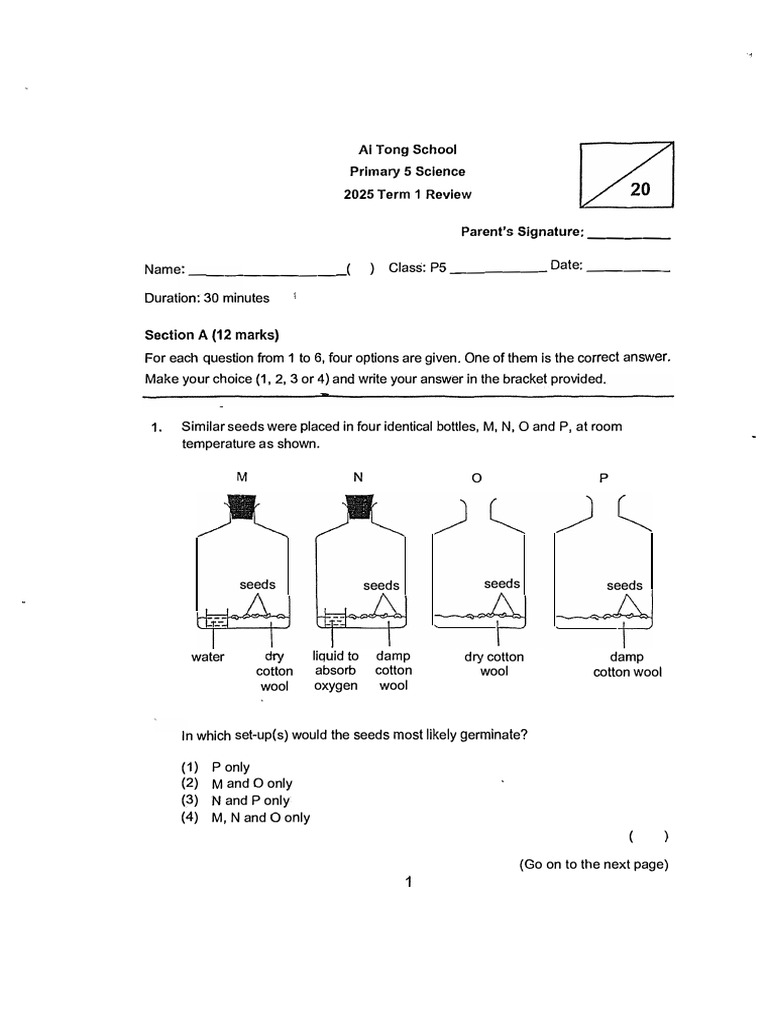 P5 Science WA1 2025 AiTong Exam Papers | PDF