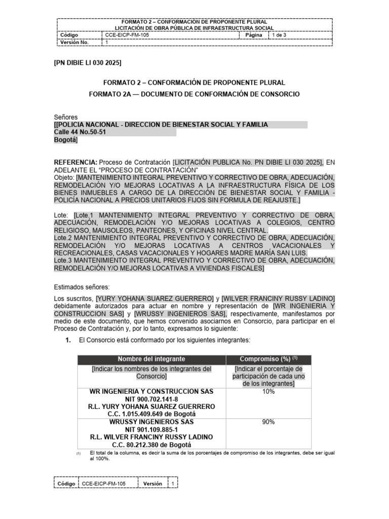 2F.Formato 2 - Conformación de Proponente Plural CCE-EICP-FM-105 | PDF