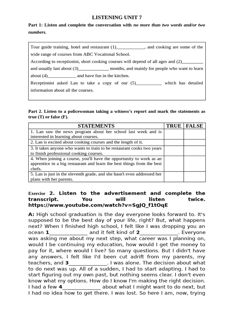 Listening Unit 7 - Hs | PDF