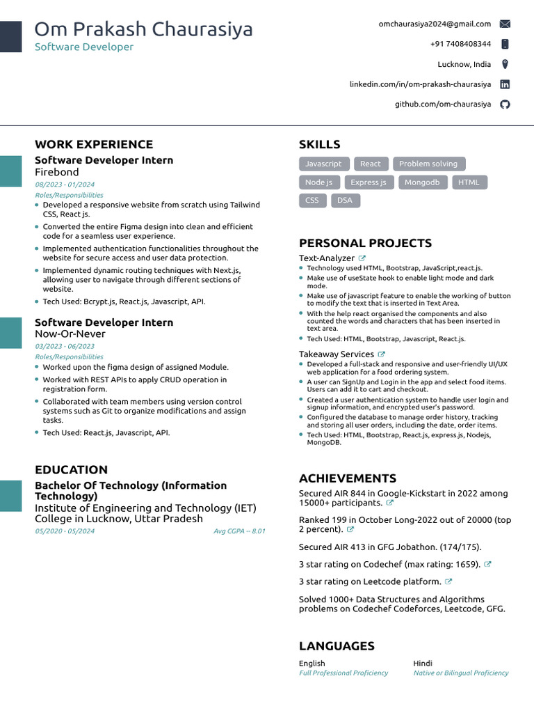 Om chaurasiya_resume_2024(IT)_240403_170023 | PDF | Java Script | Websites