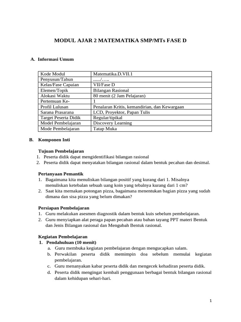 Modul Ajar - Kelas 7 - Matematika SMP Bab 2 - Andri Setiawan | PDF