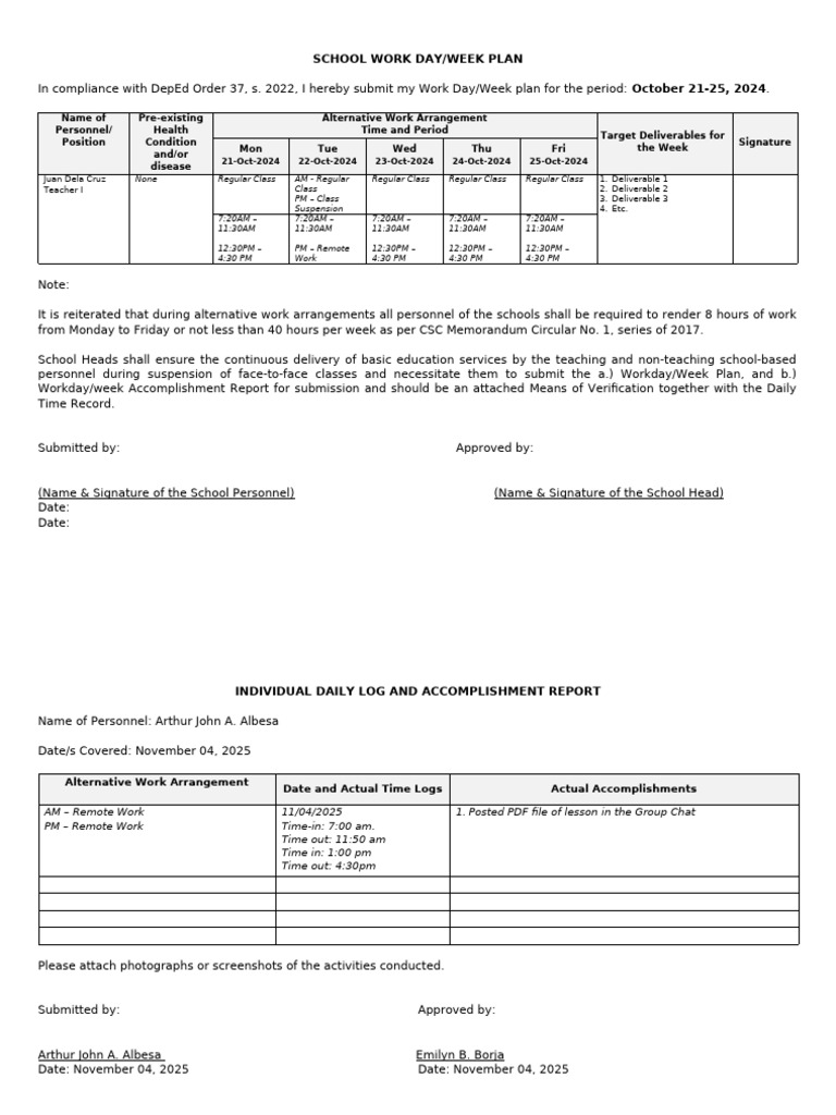 Sample Work Week Plan and Accomplishment Report Templates 1 | PDF