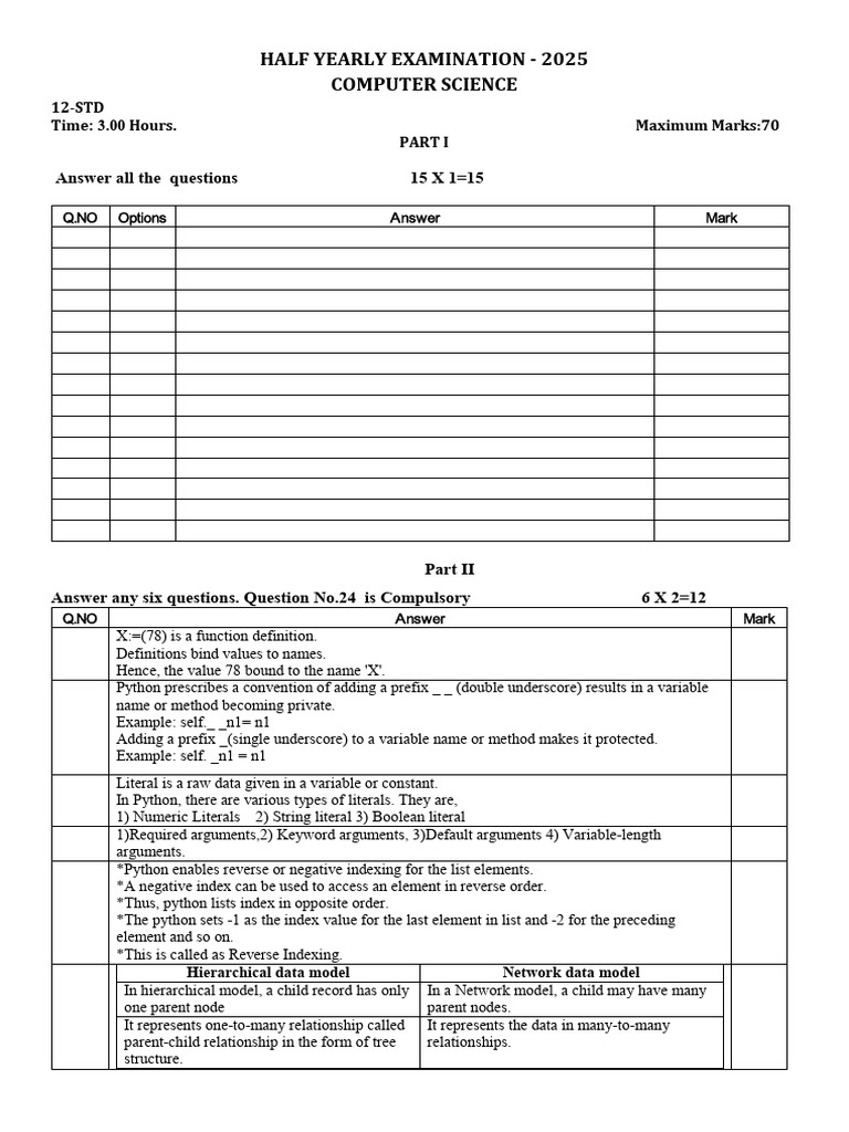 12 CS EM Halfyearly 25 KEY | PDF | Class (Computer Programming ...