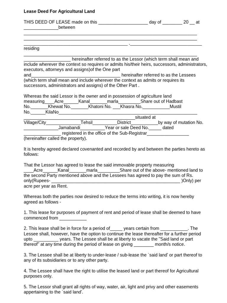 Lease Deed For Agricultural Land | PDF | Lease | Private Law