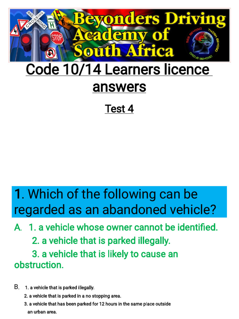 Code 10 14 Learners Licence Test 4 Answers | PDF | Traffic ...