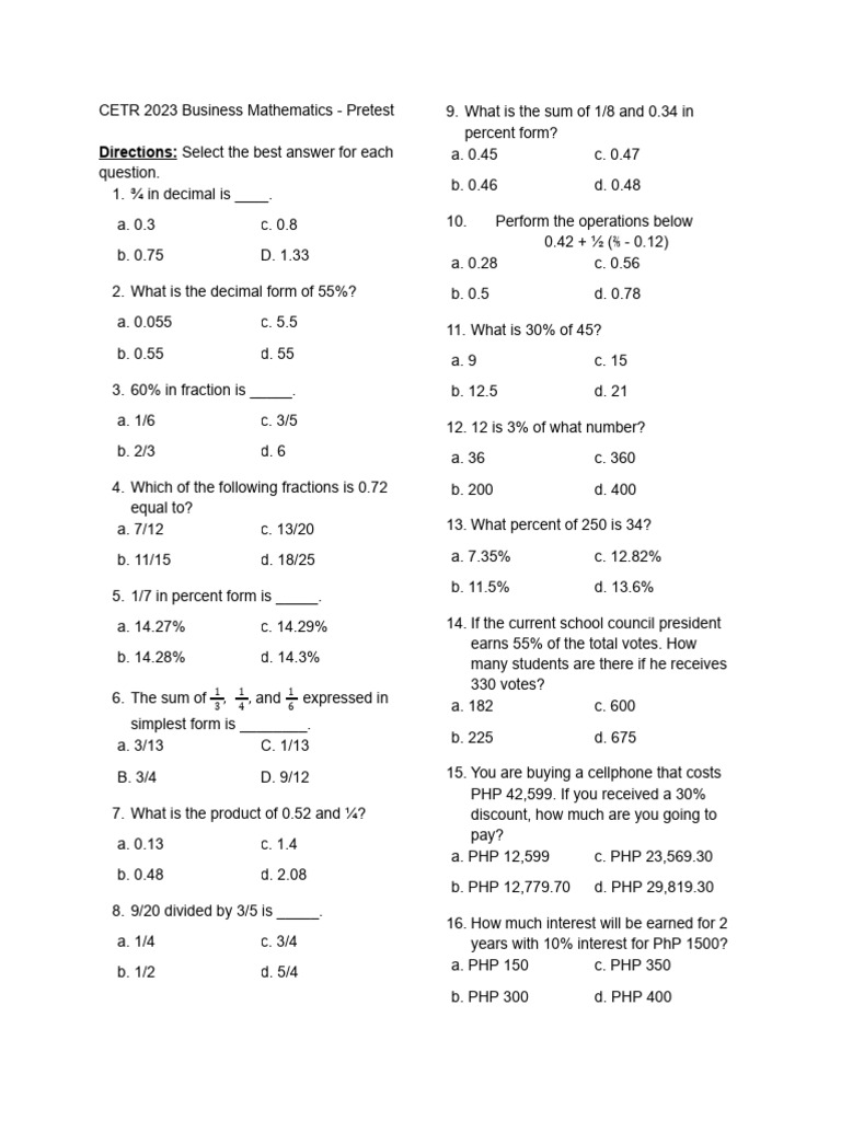 Cetr Busmath Diagnostic Test | PDF | Present Value