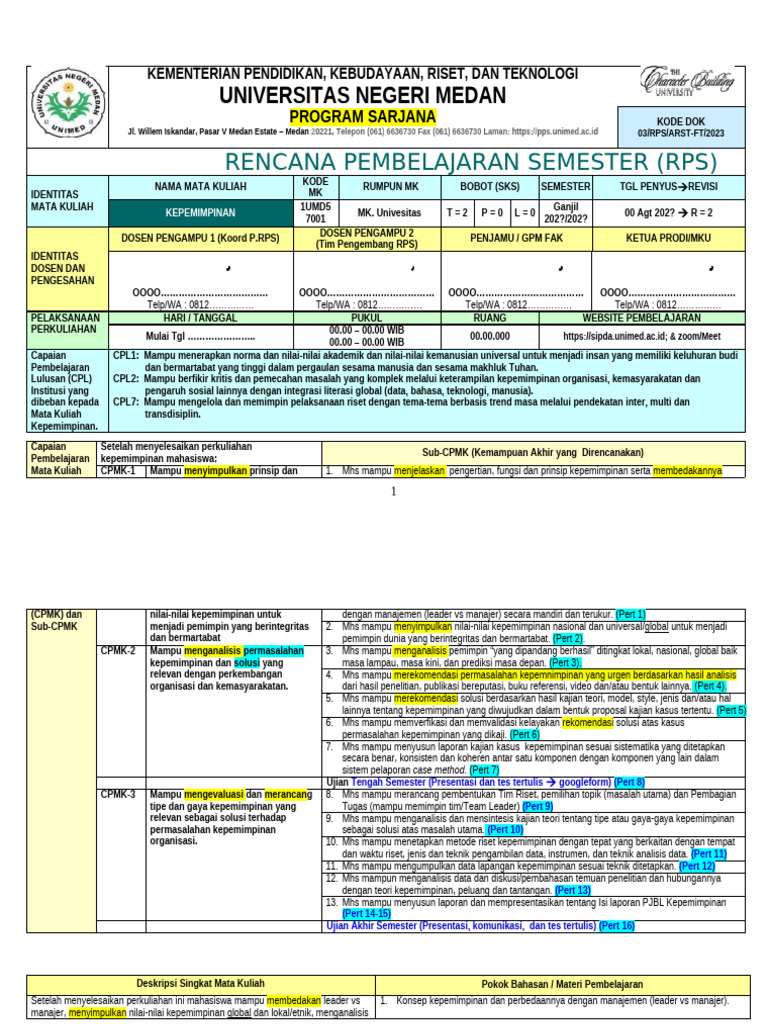 Contoh RPS S1 MK Univ Kepemimpinan - Kirim | PDF