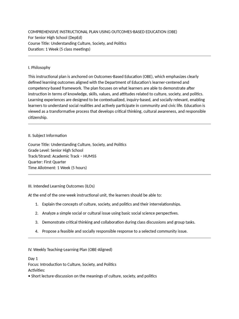 Comprehensive Instructional Plan Using Outcomes | PDF | Educational ...