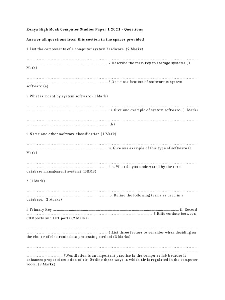 Kenya High Mock Computer Studies Paper 1 2021 | PDF | Databases | Computing