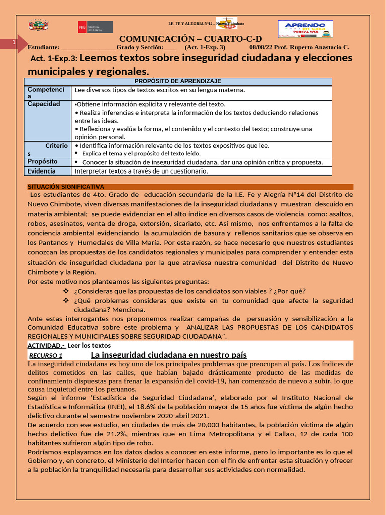 Act 1 Exp 3-4°cd - Lee T. Sobre Inseg. Ciud | PDF | Policía | Crímenes