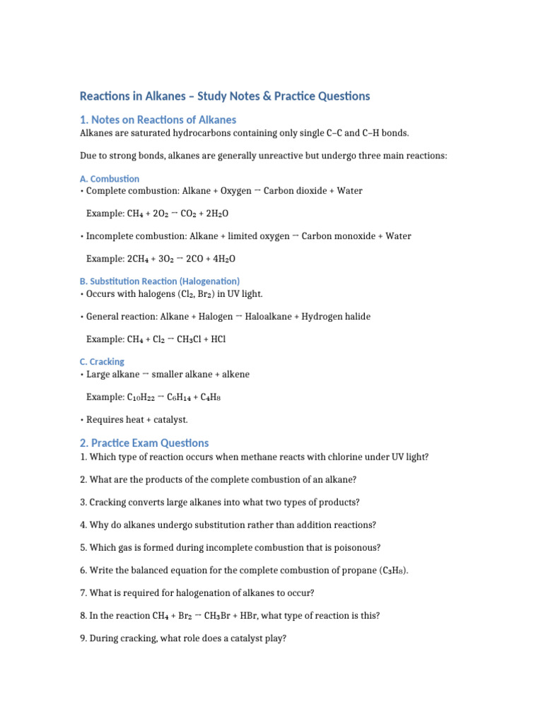 Alkane Reactions Notes and Questions (1) | PDF
