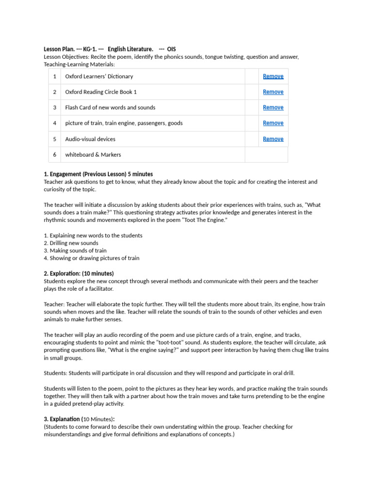 Lesson Plan-Sample | PDF | Rhythm | Toys