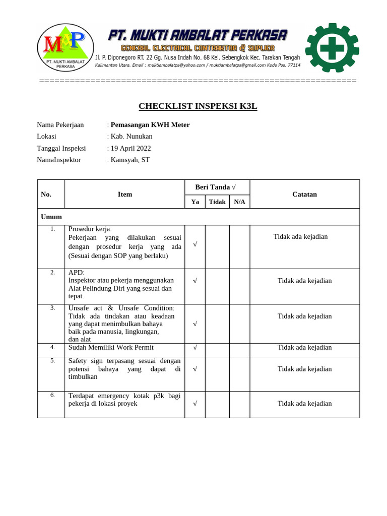 15-Checklist Inspeksi k3l | PDF