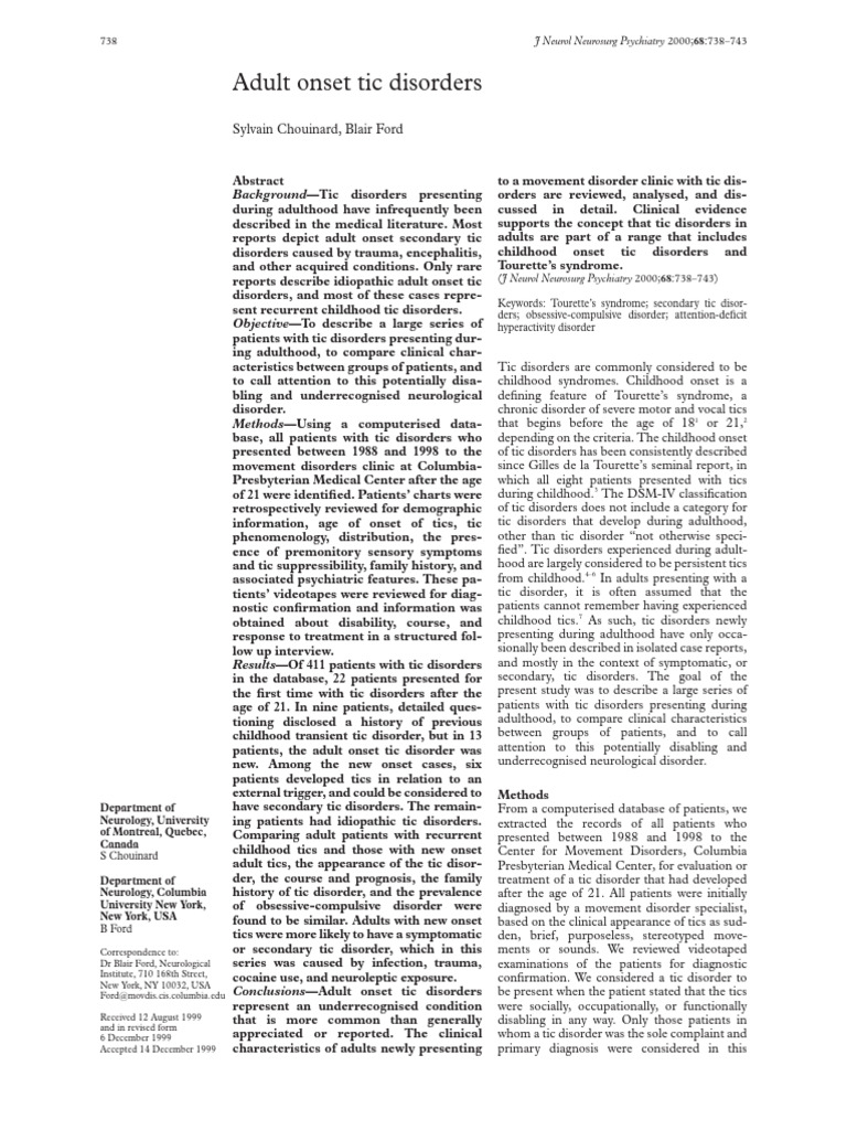 Adult Onset Tic Disorders | PDF | Tourette Syndrome | Obsessive ...
