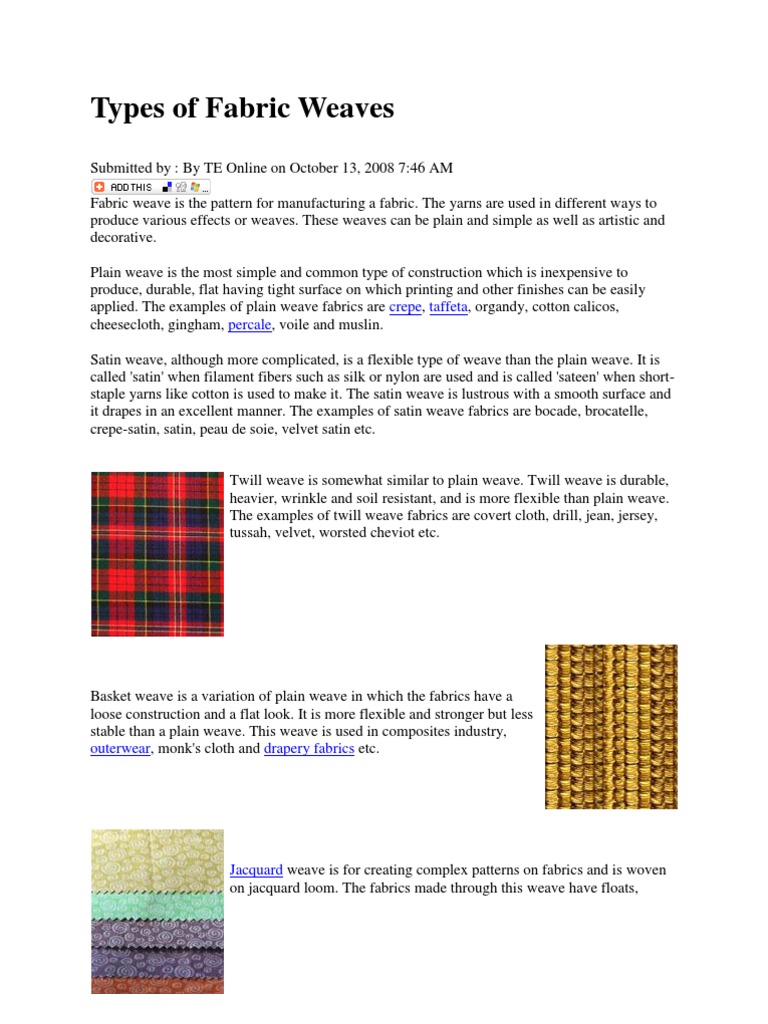 Types of Fabric Weaves Textiles Weaving