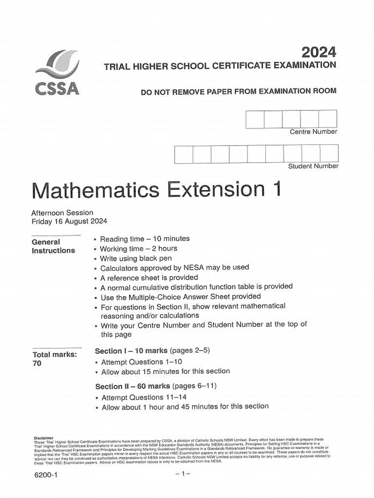 CSSA 2024 Maths Extension 1 | PDF
