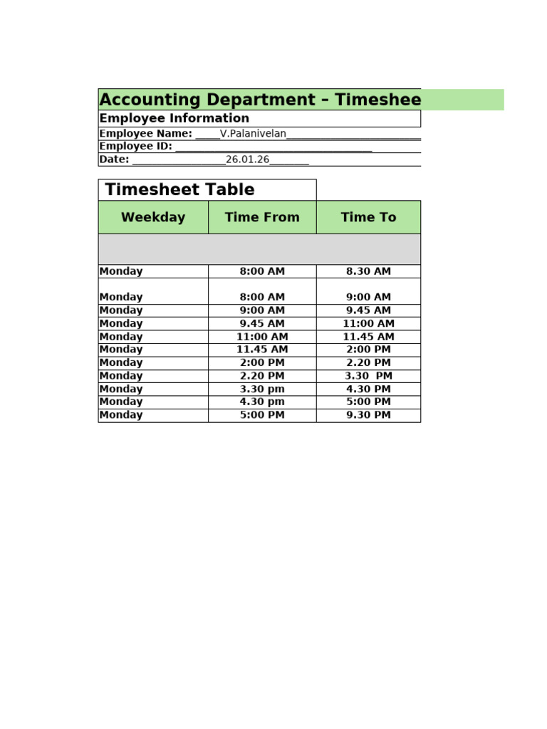 Timesheets - Palani - 26.01.26 | PDF