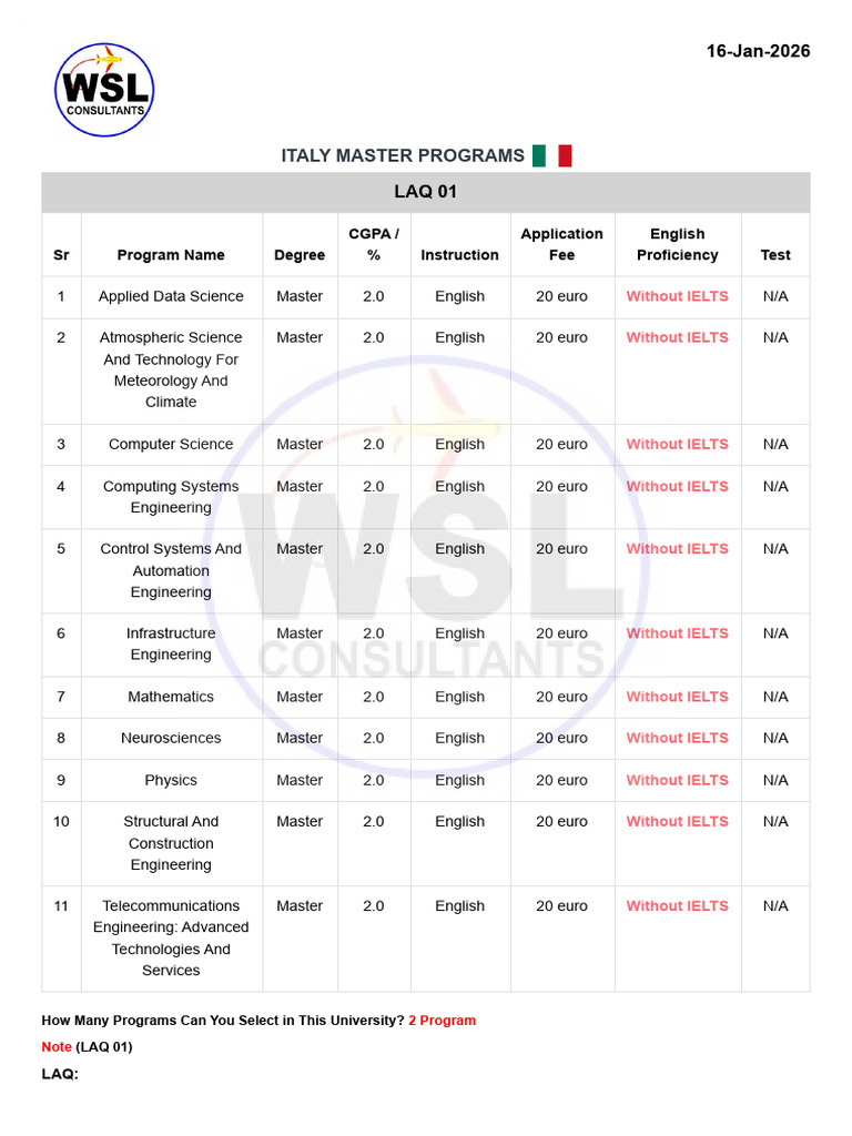 Italy Master Programs (16!01!2026) | PDF | International English ...