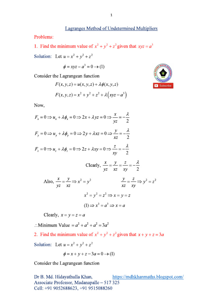 Lagranges Method of Undetermined Multipliers Notes | PDF