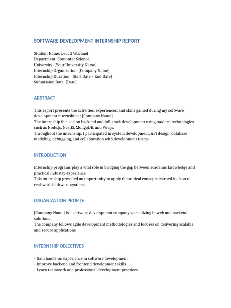 Software Development Internship Report Sample | PDF
