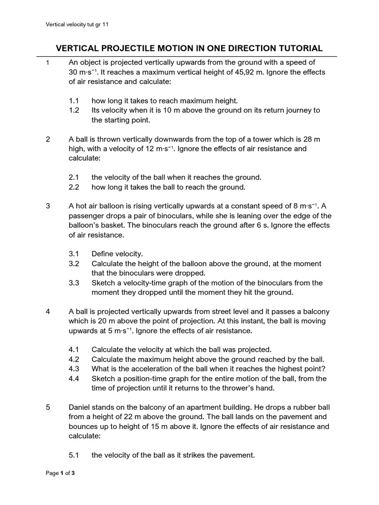 Vertical Projectile Motion in One Direction Tutorial | PDF | Velocity ...