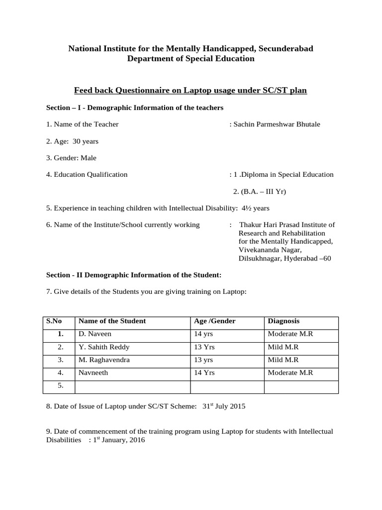 Impact Questionnaire On CAI PACKAGES | PDF | Intellectual Disability ...