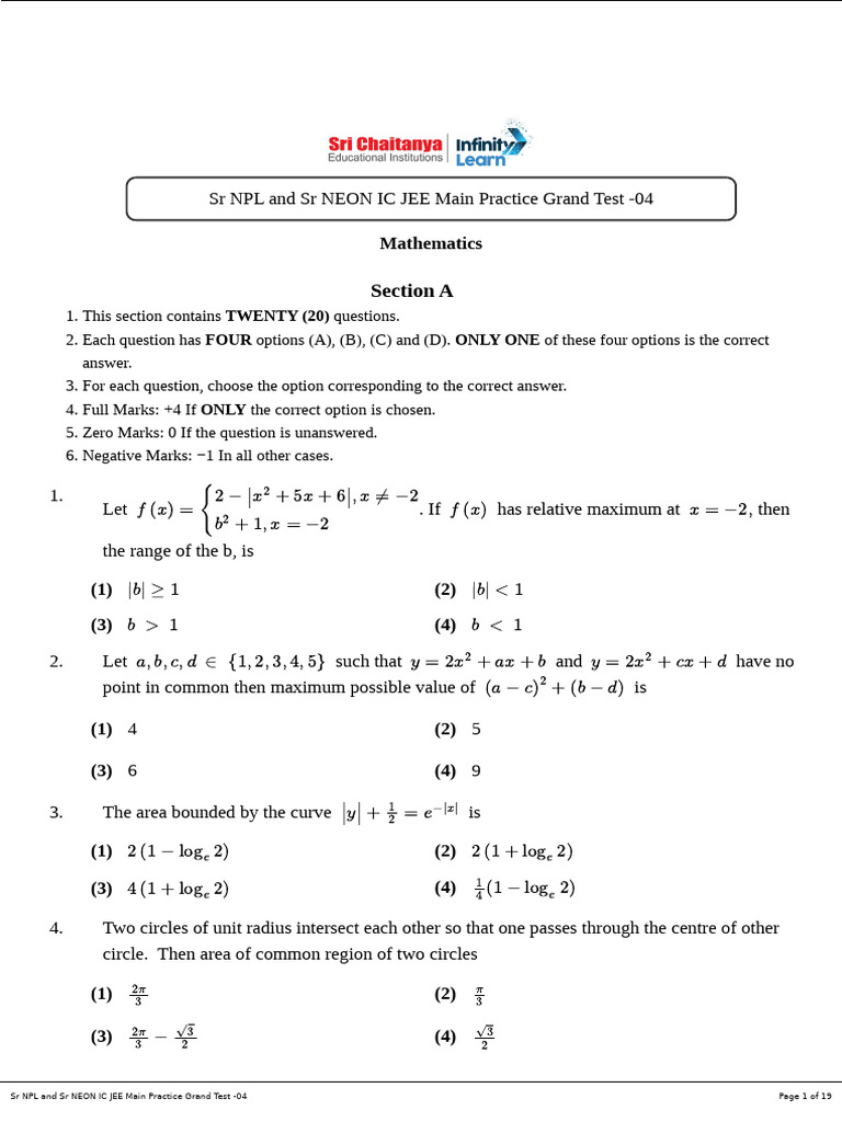 Sr NPL and Sr NEON IC JEE Main Practice Grand Test -04 Qp | PDF ...