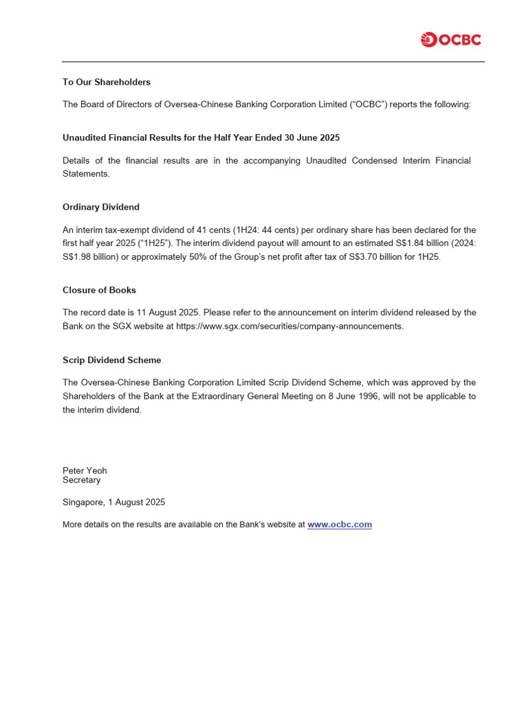 1h25 Unaudited Condensed Interim Fs | PDF | Dividend | Equity (Finance)