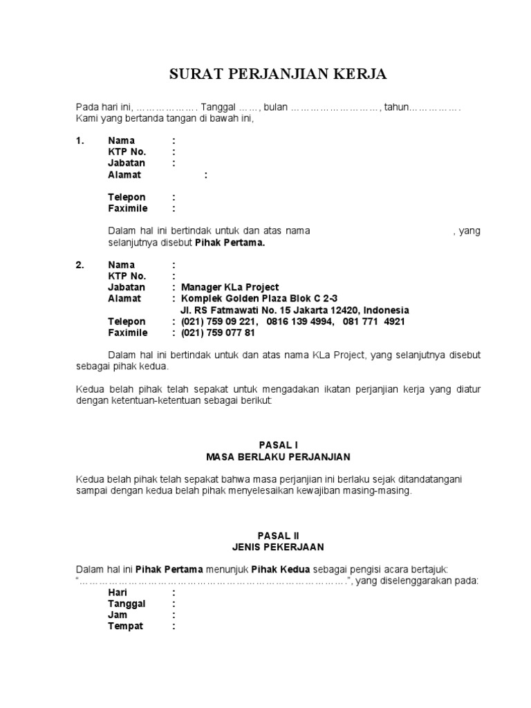 Surat Perjanjian Kerja Riders Kla